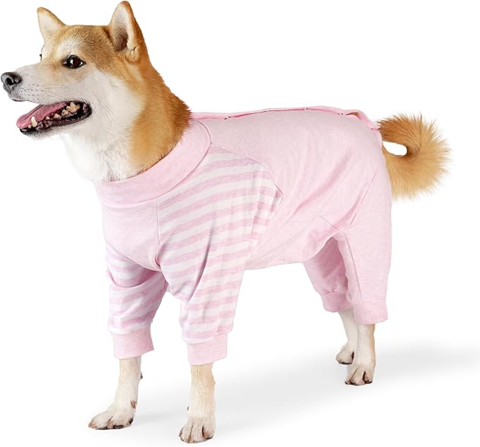Dog Recovery Suit, Abdominal Wound After Surgery Wear, Anti Licking Bodysuit with Snaps, E-Collar & Cone Alternatives, Striped Dog Spay Surgical Pajamas Prevent Shedding(Medium, Pink)