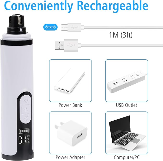 Pet Nail Grinder for Dogs and Cats - Super Quiet and Low Vibration Electric Dog Nail Grinder with 2 LED Lights - USB Rechargeable and Cordless - 3 Speeds - Small to Large Pets (White)