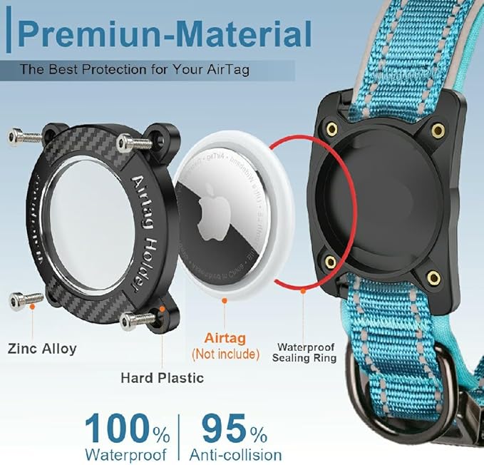 Upgraded AirTag Dog Collar, IP68 Waterproof Dog Collar with Apple Air Tag Holder, Reflective Adjustable Heavy Duty Dog Collars with Soft Padded for Small, Medium and Large Dogs,Blue, S