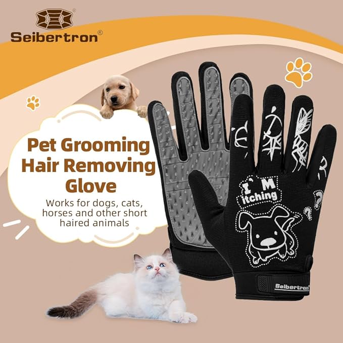 Seibertron Patented P.G.M.G-1 Pet Hair Remover/Deshedding Grooming Gloves Seven Sizes Fit All Works for Dogs, Horses, Cats and Other Animals Short Fur(1-Pair) Adult Black XS