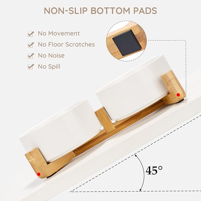 SPUNKYJUNKY Ceramic Dog and Cat Bowl Set with Wooden Stand, Modern Cute Weighted Food Water Bowl Set for Medium to Large Size Dogs (42 OZ, 2 × White)