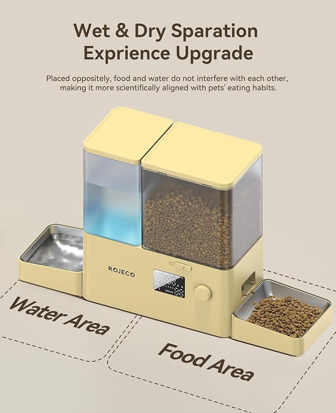 Rojeco 36Cups/8.5L Pet Automatic Cat Feeder and Gravity Water Dispenser,Stainless Steel Bowls 2-in-1 Set Large Capacity 5L Food Feeder and 3.5L Water Fountain for Cats,Pets,Small Dogs,Yellow