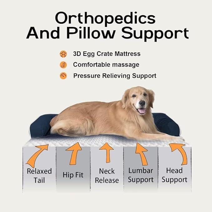 Large Dog Bed Orthopedic Washable - Waterproof with Removable Cover - Memory Foam - Beds Bolster Pet - Couch Sofa - XXL Large Big Dogs - Navy Blue Dog Bed