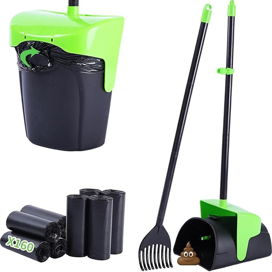 Pooper Scooper Large Swivel Bin & Rake with 160 Waste Bags,Heavy Duty Dog Pooper Scooper with Bag Attachment for Large Small Dogs, Long Handle Poop Scooper with Lid for Yard, Grass, Gravel (Green)