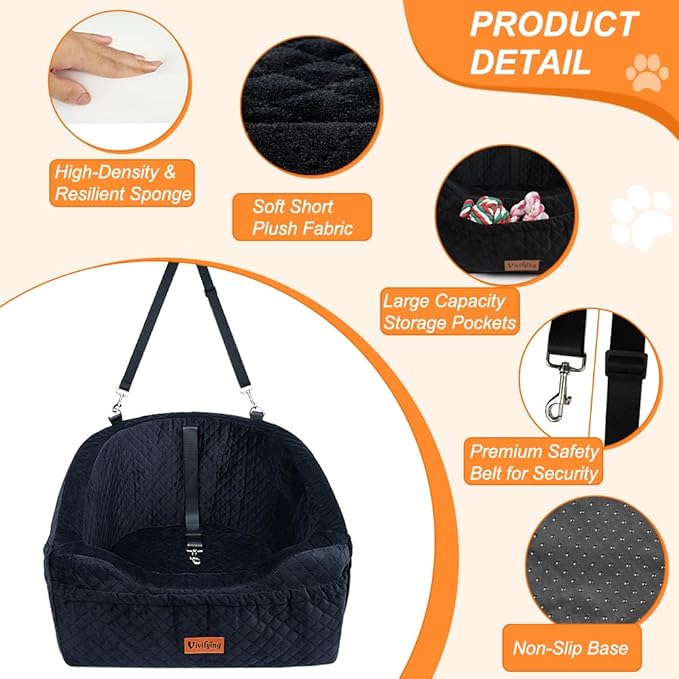 Vivifying Dog Car Seat for Small & Medium Dogs, Detachable & Washable Booster Seat for Pets Up to 30lbs, Travel Bed with Storage Pockets and Safety Belt – Black