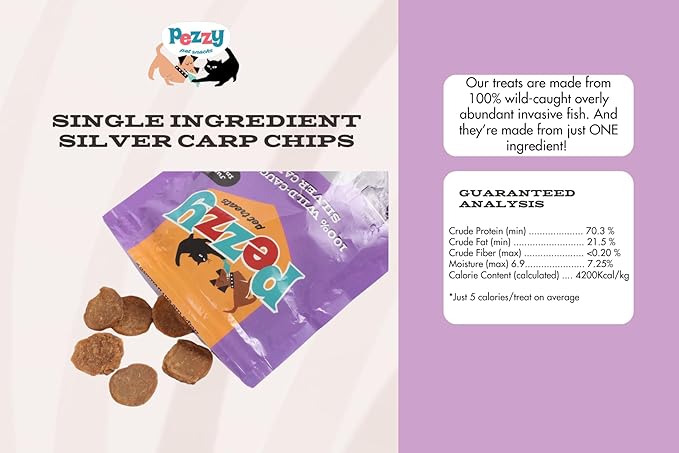 Silver Carp Chips Dog & Cat Treats | Single Ingredient | Wild Caught | Made w/Invasive Fish | Grain Free | High Protein + Low Fat | Hypoallergenic | Compostable Packaging | Made in The USA