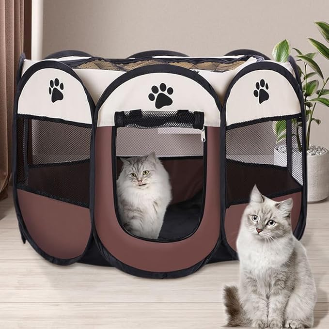 Cat Playpen for Indoor and Outdoor Cats Collapsible Enclosed, Portable Cat Tent, Cat, Puppy Crate Cage (Coffee, Standard, Octagon)