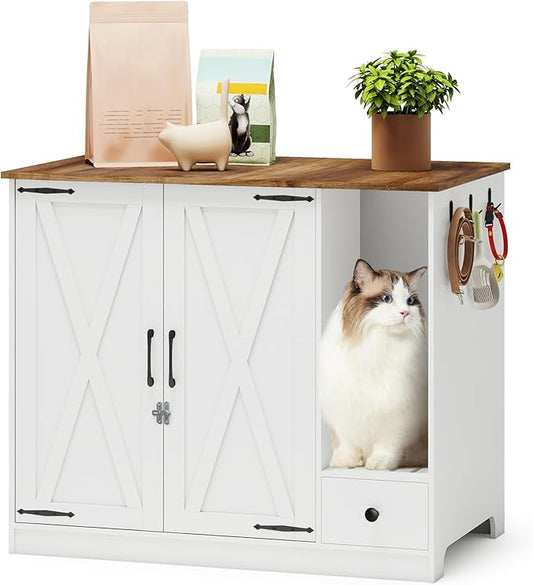 YUSING Litter Robot Enclosure, Cat Litter Box Furniture Hidden, Cat Litter Box Enclosure Cabinet Large with Double Doors and Pull-Out Drawer for Litter Robot