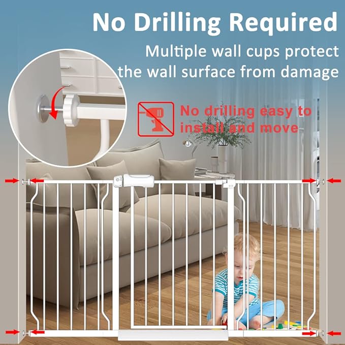White Extra Wide Baby Gate 53-57.5 inch for Doorways Stairs Pressure Mount Baby Gate Automatic Close Child Dog Pet Safety Toddler Gates with Extensions