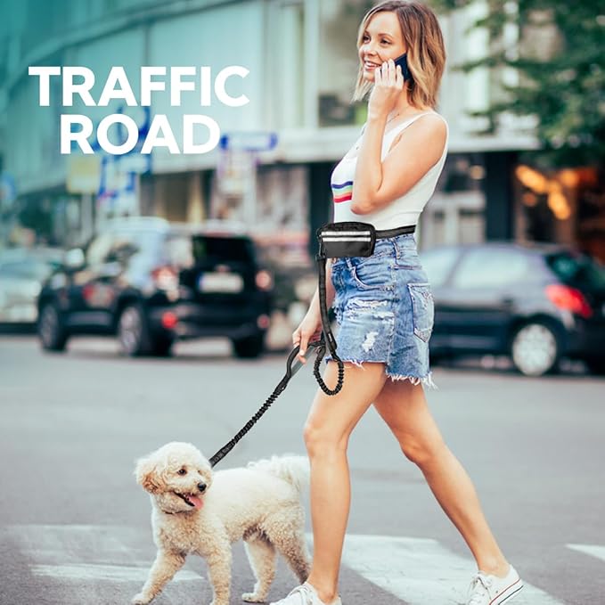 Hands Free Dog Leash with Pouch, Retractable Bungee, Double Padded Handles for Walking, Waist Leash for Medium & Large Dogs, Walking Accessories