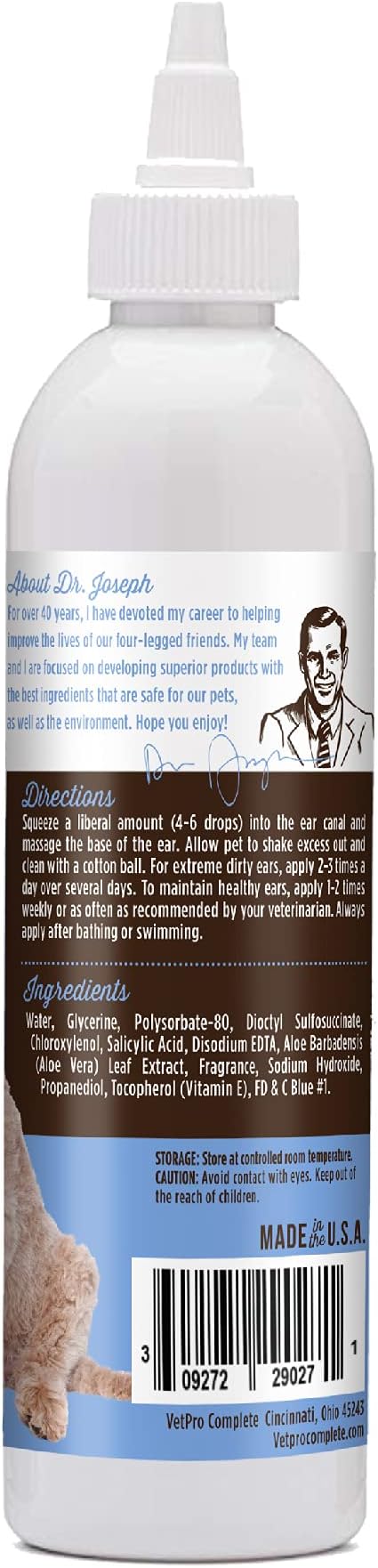 VetPro Complete Dr. Joseph's Dog Ear Cleaner, 8 Ounces, Gentle Dog and Cat Ear Rinse Solution Wash with Aloe Vera and Vitamin E, Dog Ear Drops to Remove Wax and Debris, Reduces Odor, Easy Applicator