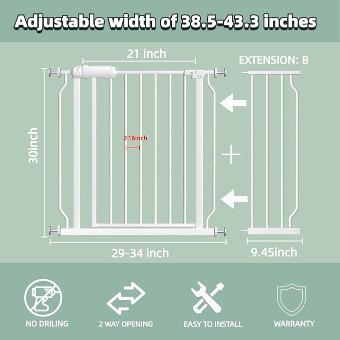 TSAYAWA Extra Wide Baby Gate with Door,38.5-43.3 Inch Walk Through Large Long Child Gates for Stair Doorway - Indoor TSAYAWA Outdoor Safty Gate for Toddler Pet Dog Doggie White