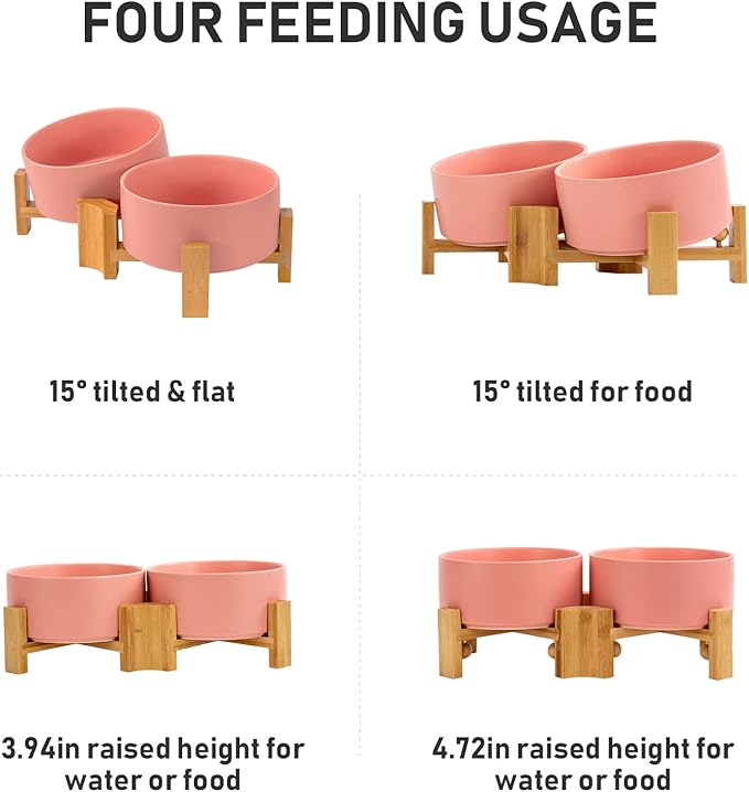 SPUNKYJUNKY 15° Slanted Ceramic Dog and Cat Bowl with Wooden Stand, Tilted Bulldog Food and Water Bowl No Slip Non-Spill for Cats Medium Dogs Big Face Pets 28.7 OZ (3.6 Cups, Pink × 2)