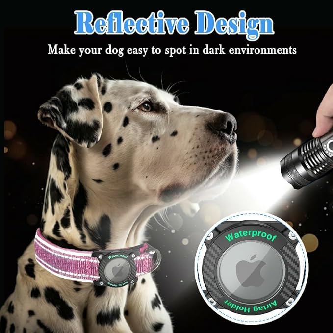 Upgraded AirTag Dog Collar, IP68 Waterproof Dog Collar with Apple Air Tag Holder, Reflective Adjustable Heavy Duty Dog Collars with Soft Padded for Small, Medium and Large Dogs,Pink, M