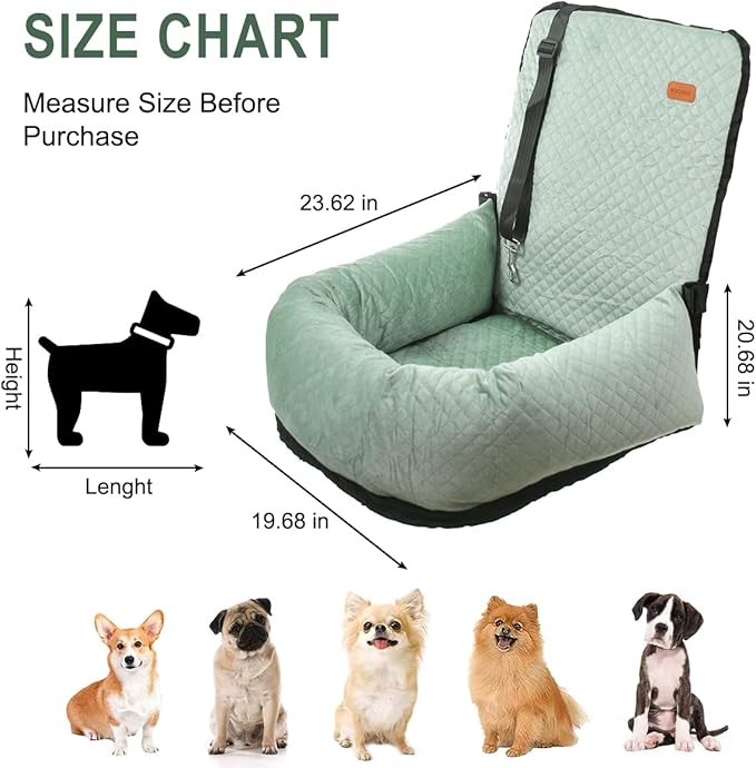 Dog Car Seat for Small Medium Dogs Up to 40lbs, Detachable Washable Soft Pet Booster Travel Bed for Front & Green Seat with Safety Leash Belt