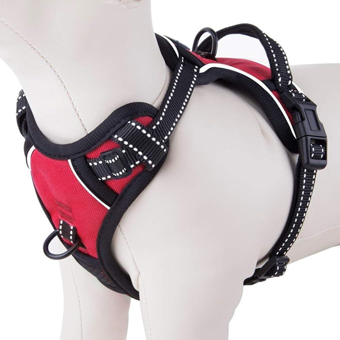 PHOEPET Reflective Dog Harness No Pull Large Breed Vest with 2 Metal Leash Attachment Hooks(XL, Red)