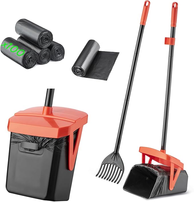 TIMINGILA 36" Pooper Scooper Swivel Bin & Rake with 100 Dog Poop Bags,Adjustable Long Handle for No-Bend Cleanup,Portable Non-Breakable Dog Poop Scooper for Large Medium Small Dogs