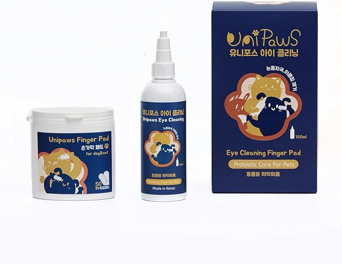 UNIPAWS Dog & Cat Eye Area Cleaner with Wipes – Vet-Recommended Tear Stain Remover – 5.1 fl oz Cleaner + 50 Dry Finger Wipes – Probiotic & Plant Formula, Gentle Grooming Care