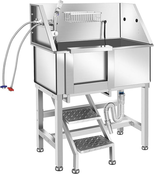 Stainless Steel Dog Washing Station for Large Dogs, Dog Grooming Tub for Home, Professional Dog Bathtub Bathing Station, Pet Wash Station, Dog Shower Tub with Stairs, Drain & Door,34" L-RAMP