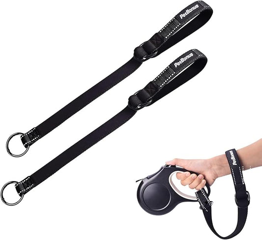 PetBonus 2 Packs Short Dog Leash, Safety Wrist Strap for Retractable Dog Leash, Reflective Design and Adjustable Soft Padded Handle, Extra Layer Security for Pet Stroller (Black, Black)