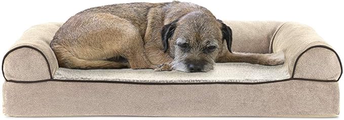 Furhaven Cooling Gel Dog Bed for Medium/Small Dogs w/ Removable Bolsters & Washable Cover, For Dogs Up to 35 lbs - Sherpa & Chenille Sofa - Cream, Medium