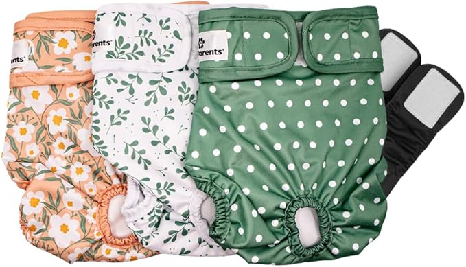 Pet Parents® Washable Dog Diapers (3pack) + Extendrs® of Durable Doggie Diapers, Premium Dog Diapers Female (X-Small, Daisy)