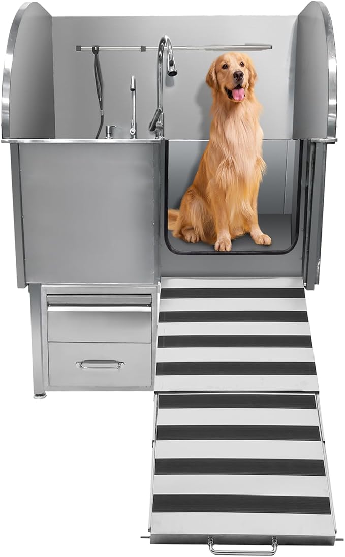 Professional Dog Grooming Tub, 38" Stainless Steel Dog Wash Station with Ramp, Storage Drawer, Floor Grate & Faucet/Dog Bathtub for Large, Medium & Small Pets, Right Door