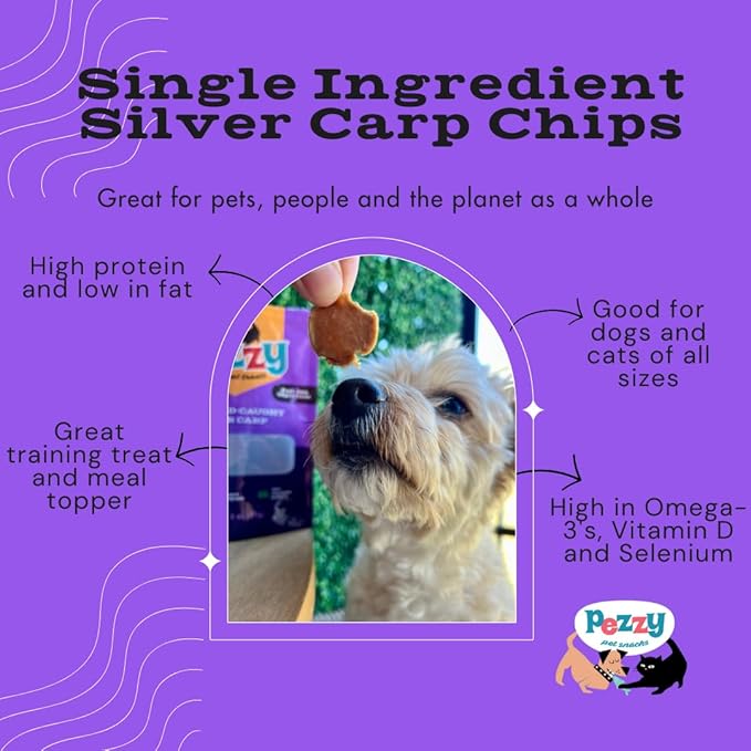 Silver Carp Chips Dog & Cat Treats | Single Ingredient | Wild Caught | Made w/Invasive Fish | Grain Free | High Protein + Low Fat | Hypoallergenic | Made in The USA (2 Pack)