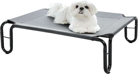 Pettycare Elevated Outdoor Dog Bed - Waterproof Cot for Small Dogs, Easy to Assemble, Cooling With Teslin Mesh, Durable, Non-Slip, Up to 35 lbs, Grey