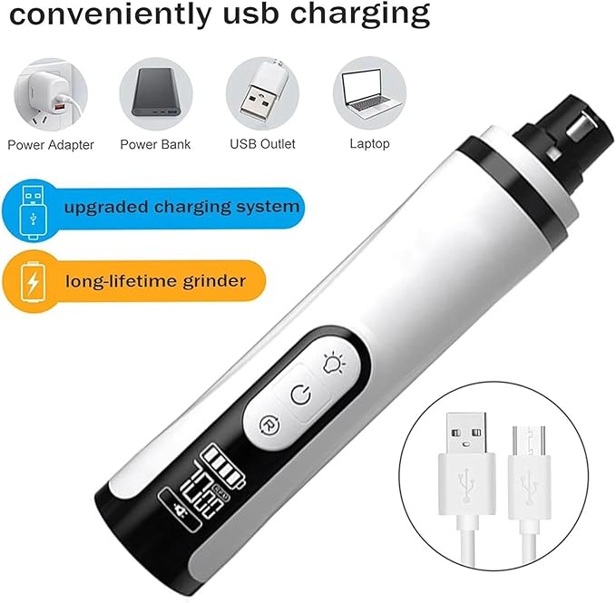 Upgrade Heusom Groom Pro Nail Grinder Cordless with LED Light & 3 Speeds, Dog Cat Nail Trimmer 2000mAh Long-Lasting Battery for Thick Nails for Dogs and Cats (2 Pc+2 Heads)