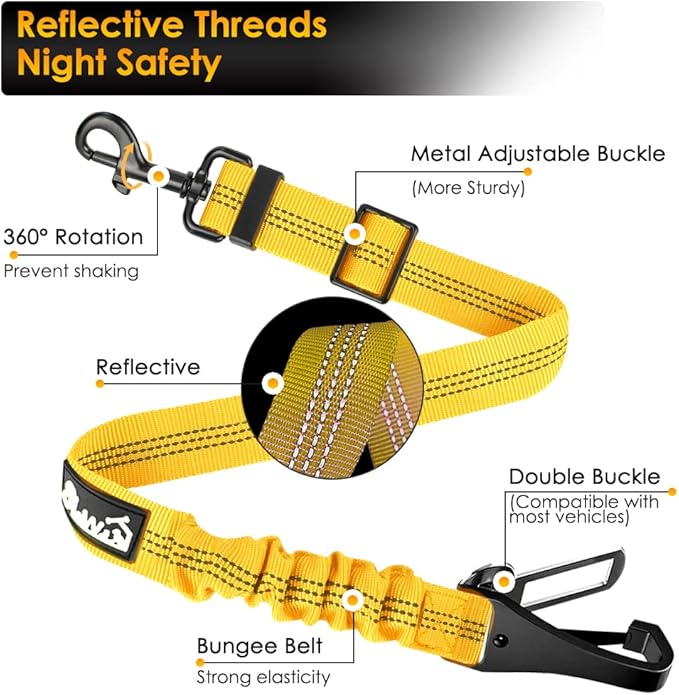 SlowTon Dog Harness, Adjustable Dog Seatbelt, 2 in 1 Latch Bar Attachment, Reflective Nylon Belt Tether, Yellow, 27.55in