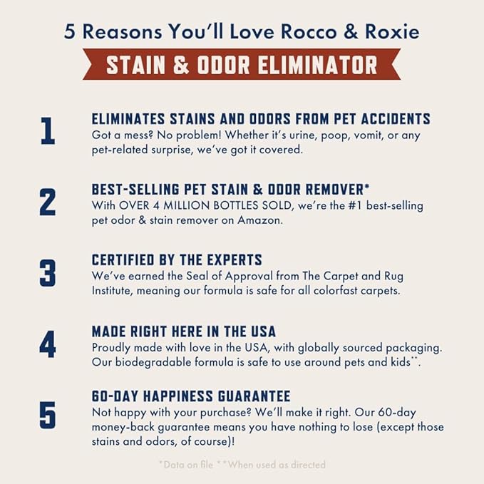 Rocco & Roxie Supply Co. Stain & Odor Eliminator for Strong Odor - Enzyme Pet Odor Eliminator for Home - Carpet Stain Remover for Cats & Dog Pee - Enzymatic Cat Urine Destroyer - Carpet Cleaner Spray