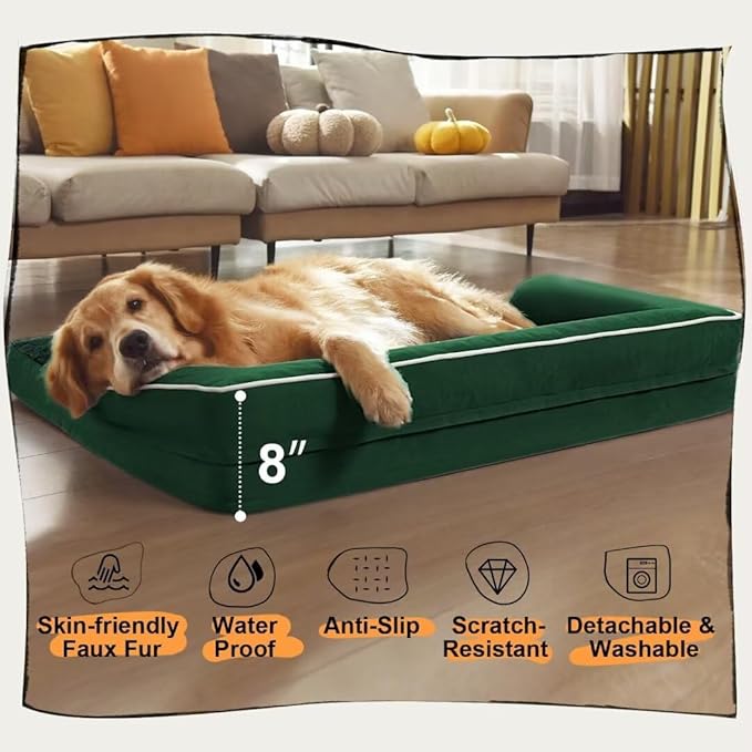 Large Dog Bed Orthopedic Washable - Waterproof Removable Cover - Medium XLarge Big Dogs - Egg Foam Couch - Emerald Dog Beds Bolster with Sides