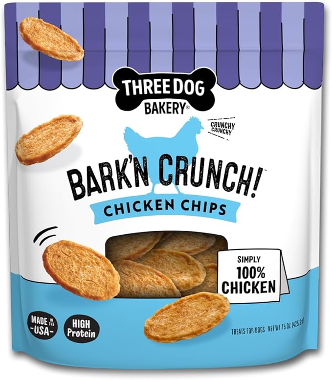 Three Dog Bakery Bark’N Crunch! Chicken Chips, Crunchy Treats for Dogs, Single Ingredient, High Protein Snacks, No Artificial Flavors or Colors, Made in The USA, 15 oz