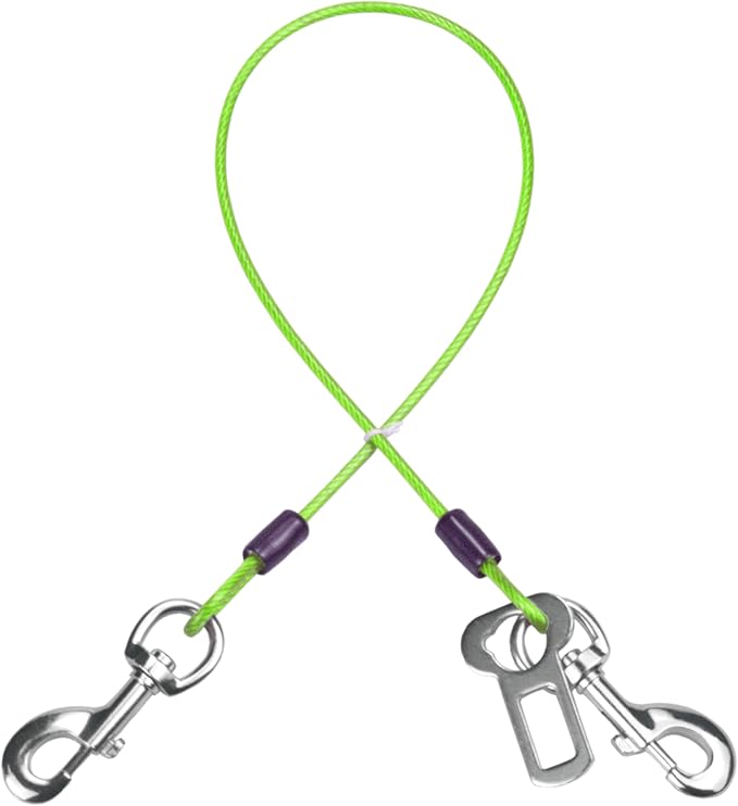 Dog Seat Belt Harness for Car,Dog Seatbelt of Coated Wire Leash Safety Restraint,No Chew Tether Cable Vehicle,Double Clips & Latch (Green, 32 inch/80 CM)