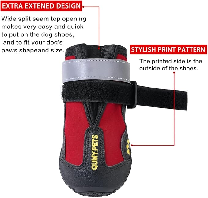 QUMY Dog Shoes for Large Dogs, Medium Dog Boots & Paw Protectors for Winter Snowy Day, Summer Hot Pavement, Waterproof in Rainy Weather, Outdoor Walking, Indoor Hardfloors Anti Slip Sole Red Size 6