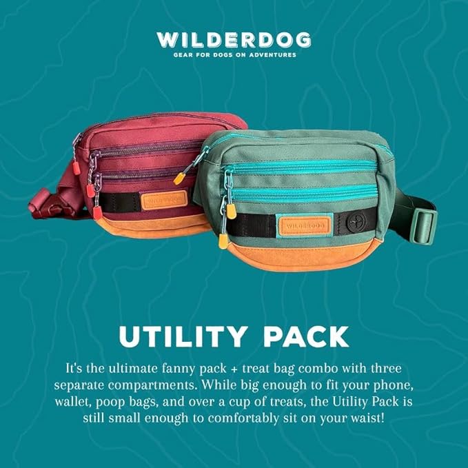 Wilderdog Utility Fanny Pack stores Treats, Balls, Keys in 3 Pockets with adjustable strap and Poop Bag dispenser (Huckleberry)