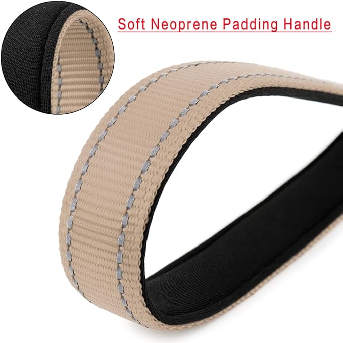 PLUTUS PET Short Dog Leash, Reflective Nylon Padded Handle, Strong Traffic Leash with Carabiner Clip, Perfect for Large or Medium Dogs (10”，Beige)