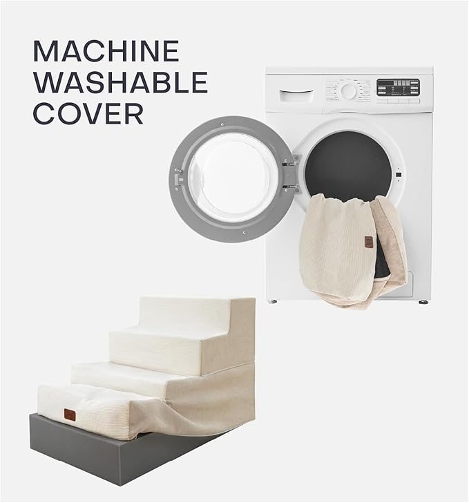 Dog Stairs for Bed, Dog Steps for Bed Couch Sofa, 35D Foam Pet Steps for Small Dogs and Cats, Extra Wide Pet Stairs with Non-Slip Bottom Beige, 3 Steps