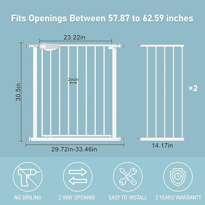 WAOWAO Triple Lock Baby Gate Extra Wide 57.87-62.59" Pressure Mounted Walk Through Swing Auto Close Safety White Metal Dog Pet Puppy Cat for Stairs,Doorways,Kitchen