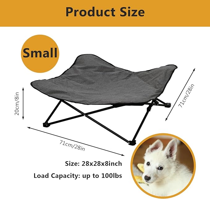 Elevated Dog Bed, Portable Raised Pet Cot for Outdoor and Indoor Folding Dog Cot Bed with Comfortable Padded Filling Carrying Bag Included Pet Raised Travel Lounger for Camping Traveling (28x28x8inch)
