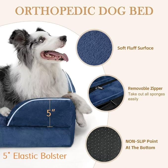 Comfort Expression Extra Large Dog Beds, Waterproof Orthopedic Foam Dog Beds, XL Dogs Bed with Bolster, Washable Dogs Sofa Pet Bed with Removable Cover & Non-Slip Bottom(X-Large,Navy Blue)