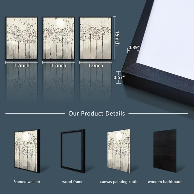 Black Framed Wall Art for Living Room Bedroom Wall Decor office Wall Decorations trees and birds Abstract Wall Paintings Sunrise and sunset Wall Pictures Artworks Modern 3 Piece Framed Prints Art