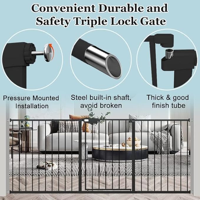 WAOWAO Triple Lock 49.21-66.54" Baby Gate Extra Wide Pressure Mounted Walk Through Swing Auto Close Safety Black Metal Dog Pet Puppy for Stairs,Doorways,Kitchen