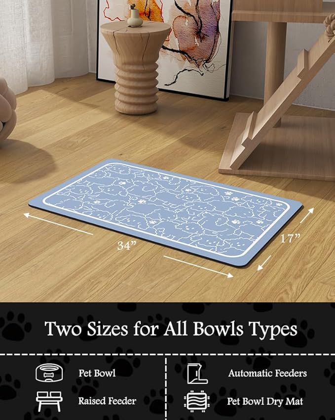 Pet Feeding Mat-Absorbent Dog Mat for Food and Water Bowl-No Stains Quick Dry Water Dispenser Mat-Dog Accessories Pet Supplies-Bowl for Messy Drinkers（BLUEDOGS,17"x34"