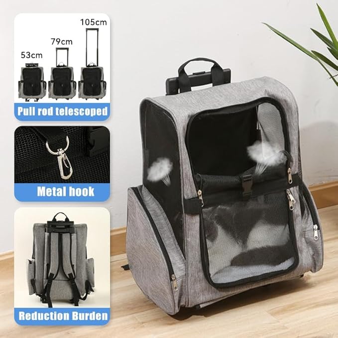Pet Trolley Bag Cat Dog Travel Bag Portable & Breathable Pet Carrier Backpack - Lightweight Dual-Shoulder Design for Easy Travel with Your Beloved Companion Scalable Pull Rod pet Bag (Blue)