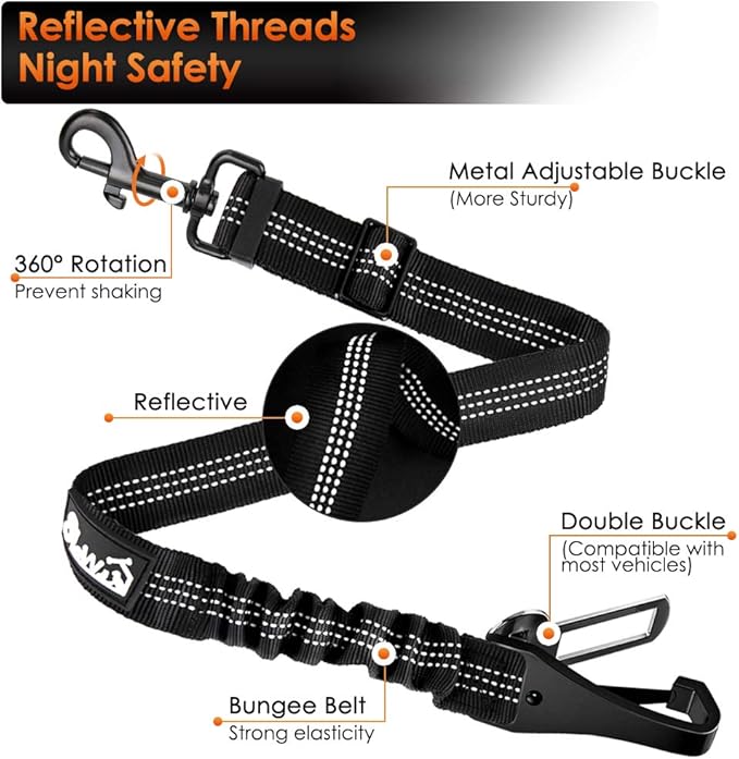 SlowTon Dog Seat Belt, Adjustable Dog Safety Belt Leash, 2 in 1 Latch Bar Attachment Dog Car Seatbelt with Elastic Nylon Bungee Buffer, Reflective Nylon Belt Tether Connect to Dog Harness (2Black)