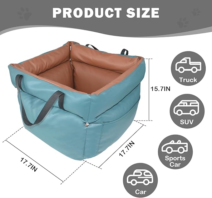Dog Car Seat for Small Dogs, Large Leather Dog Car Bed with Storage Pocket, Waterproof PVC Leather Booster Seat Travel Bed for Front & Back Seat, Clip-On Safety Leash (Blue/Brown)