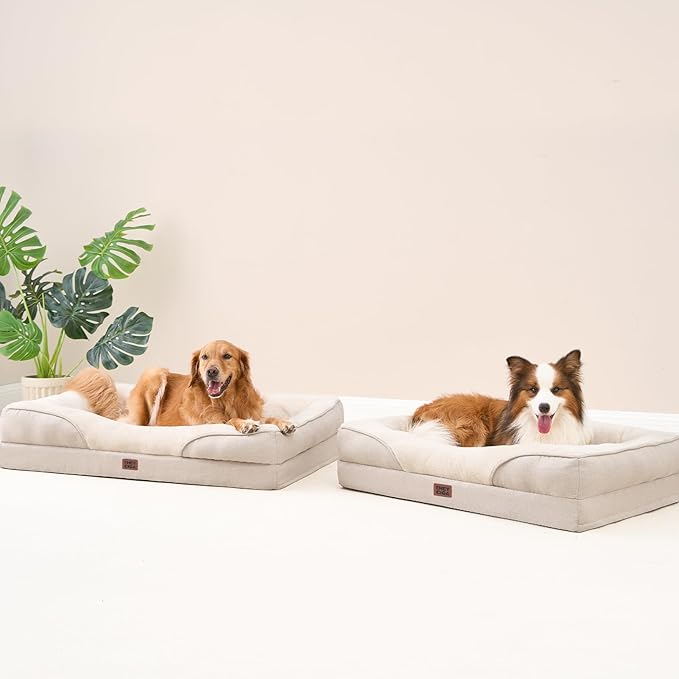 EHEYCIGA Memory Foam XL Dog Bed for XLarge Sized, Extra Large Orthopedic Dog Sofa with Sides and Waterproof Liner, Washable Bolster Pet Couch with Removable Cover, 48x35x7.5 Inch, Beige