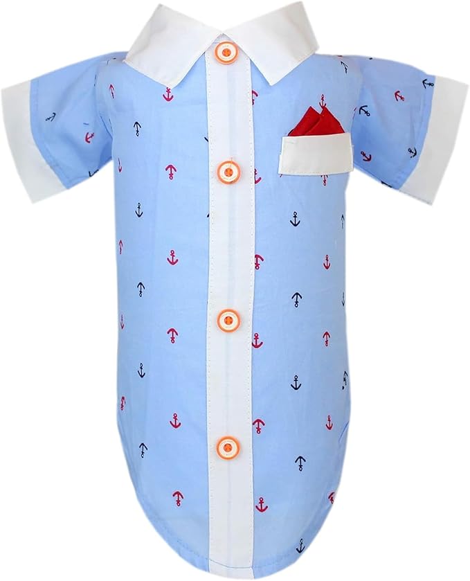 Parisian Pet Nautical Costume - 100% Cotton Anchor Shirt - Sleeved Doggie Clothes - Blue and White Costumes for Small Dogs XS